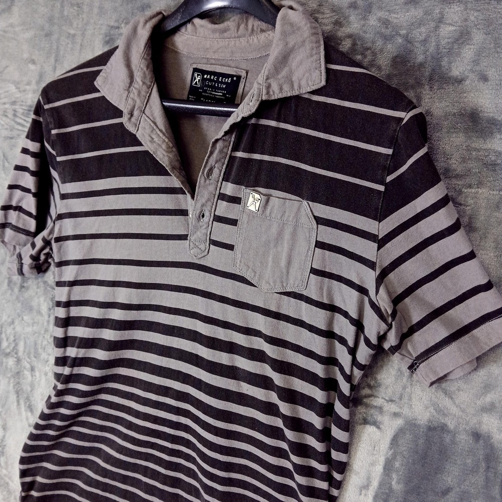 Marc Ecko Cut & Sew‎ Polo Shirt Mens Large Gray Striped Pocket Cotton Casual - Picture 7 of 9